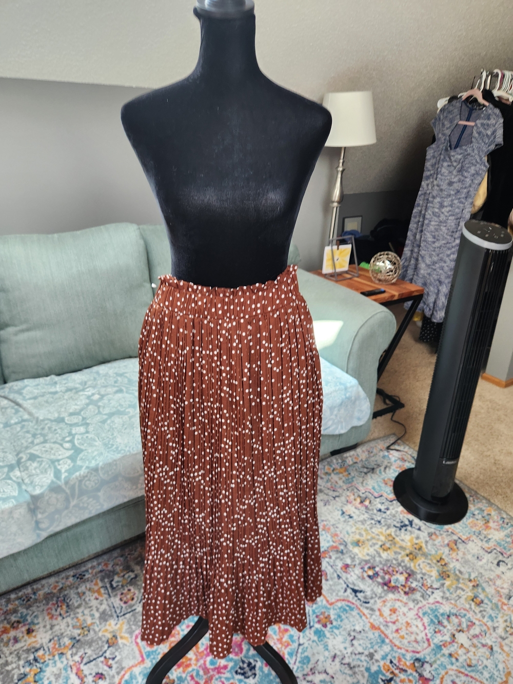 Exlura Brown Polka Dot Pleated Midi Skirt Large Pullon Style Adorable